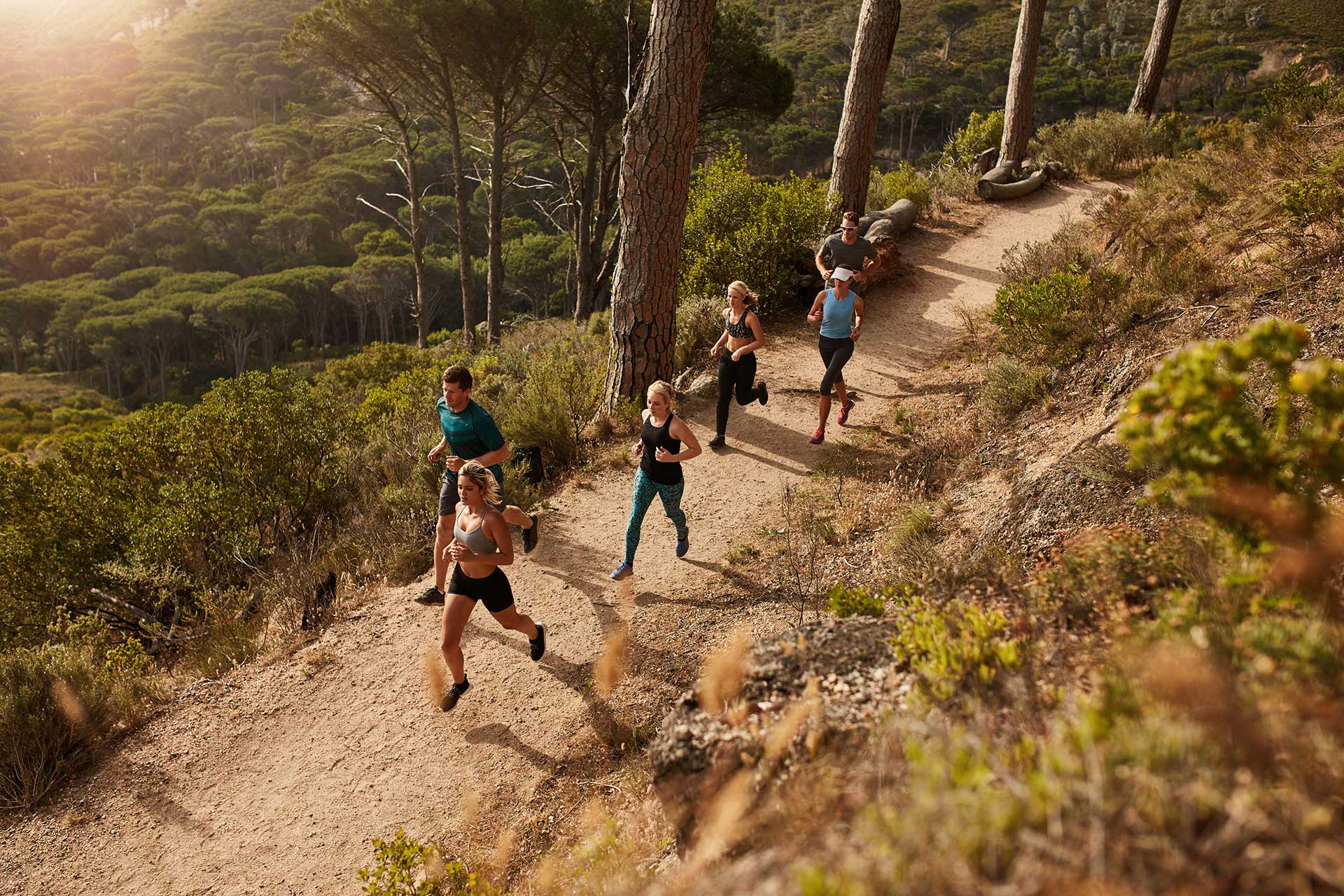 group of people running in nature